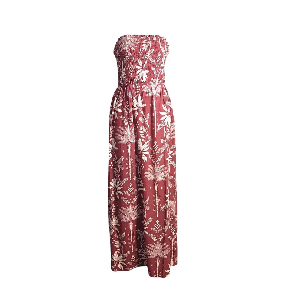 Monteau Maxi Dress Burgundy/Beige M Sleeveless Summer‎ Beach Palm Trees Print